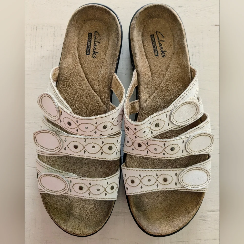Clarks Women's Leisa Cacti Slide Sandal‎ White Leather Cutout Women's Size 8 - Picture 3 of 10